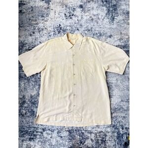 Tommy Bahama 100% Silk‎ Shirt Men's Size XL Yellow Embroidered Palm Tree Floral